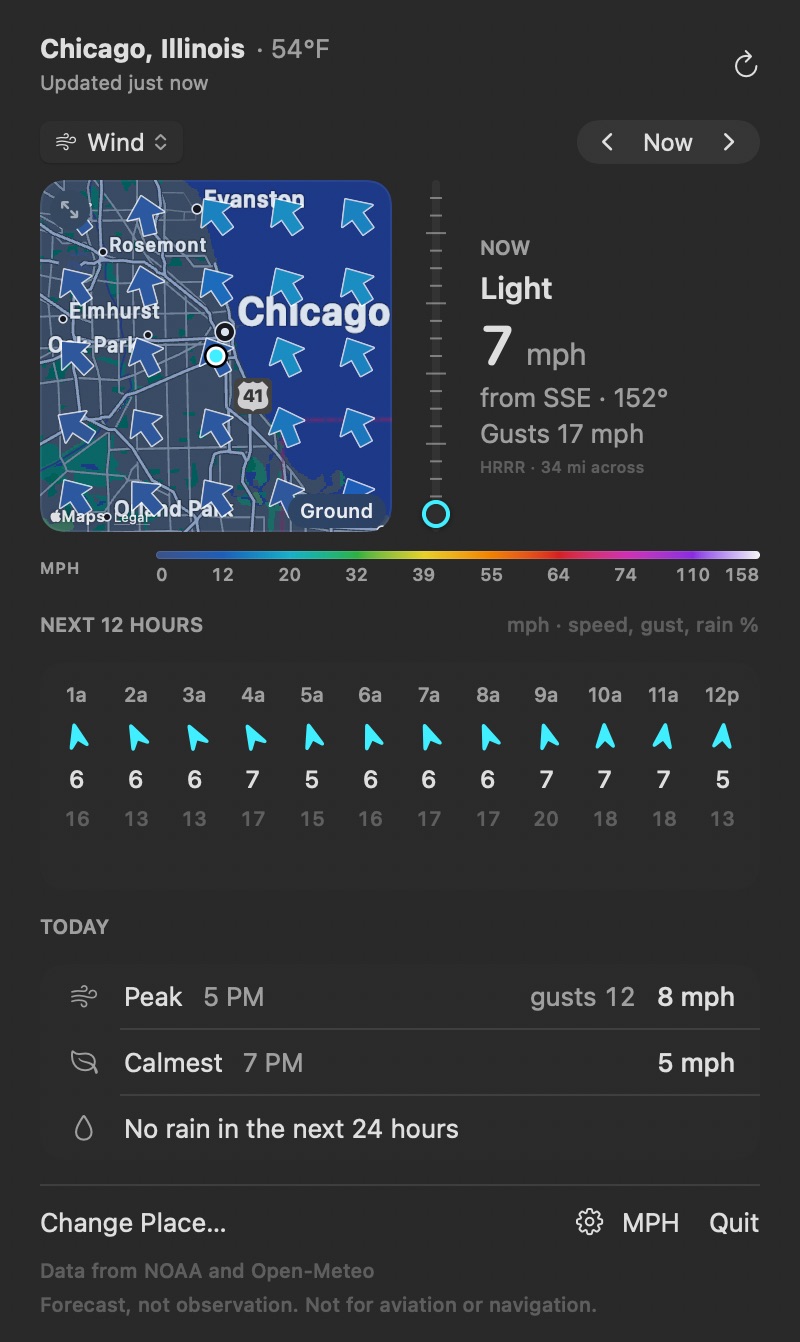 Wind at ground over Chicago and the lake shore, with the next 12 hours