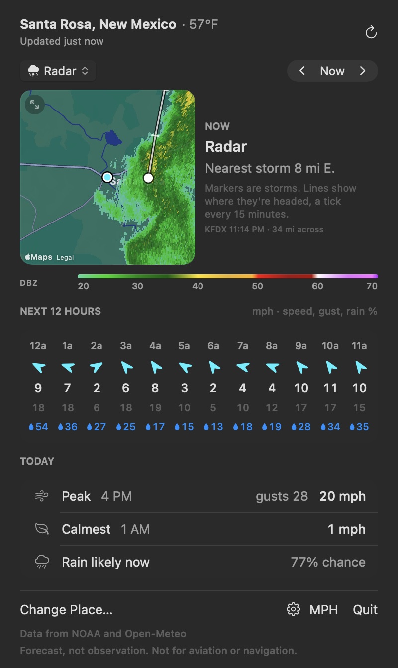Radar over Santa Rosa, New Mexico, with storm tracks and a storm on its way