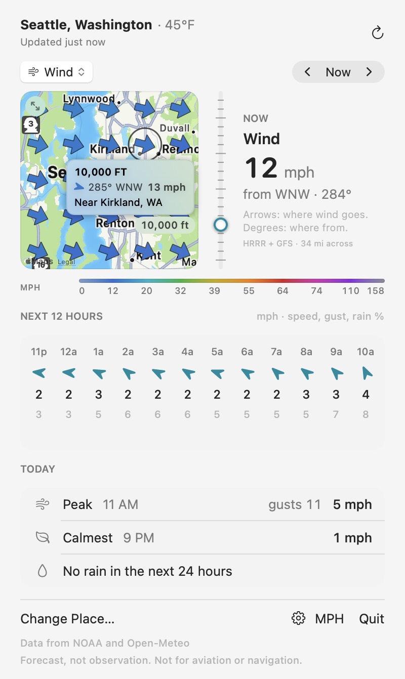 Wind at 10,000 ft over Seattle in light mode, with an arrow opened