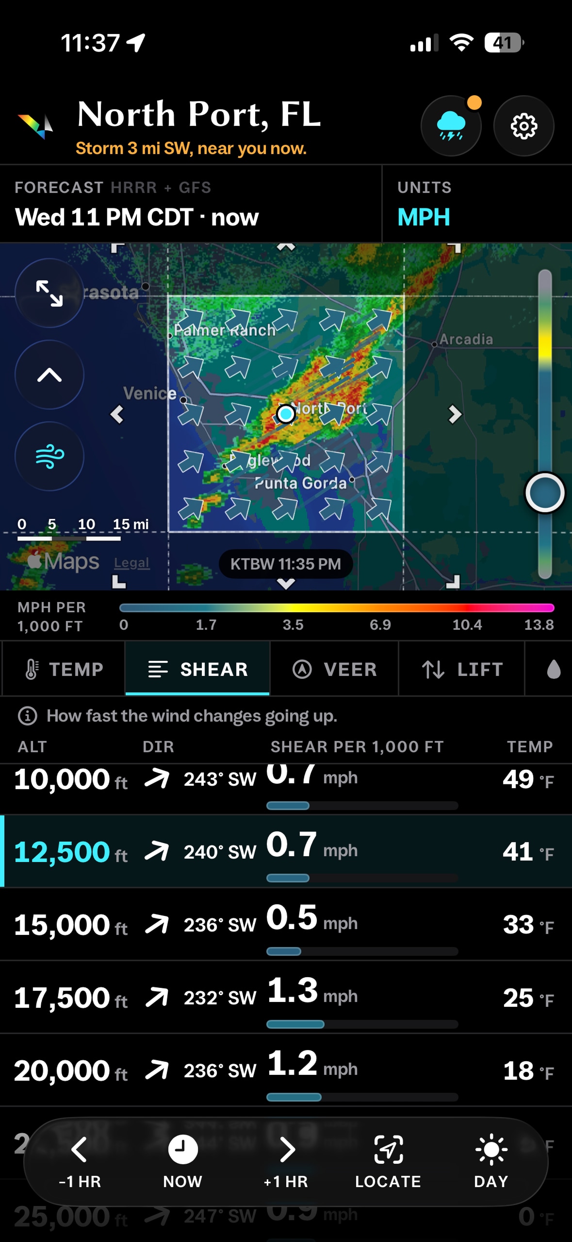 Shear tab at night, with radar and a storm heads-up