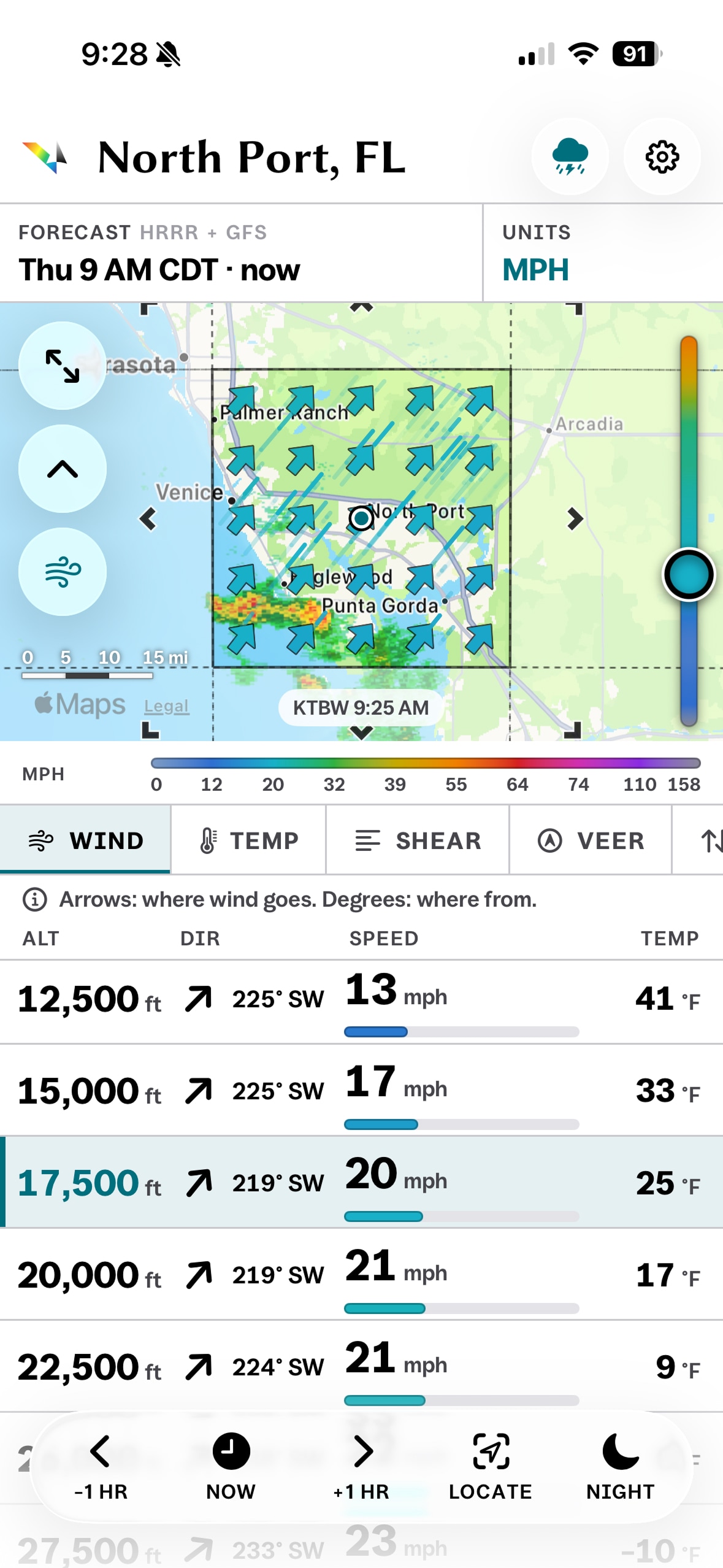 Wind tab by day, arrows and streaks over the map