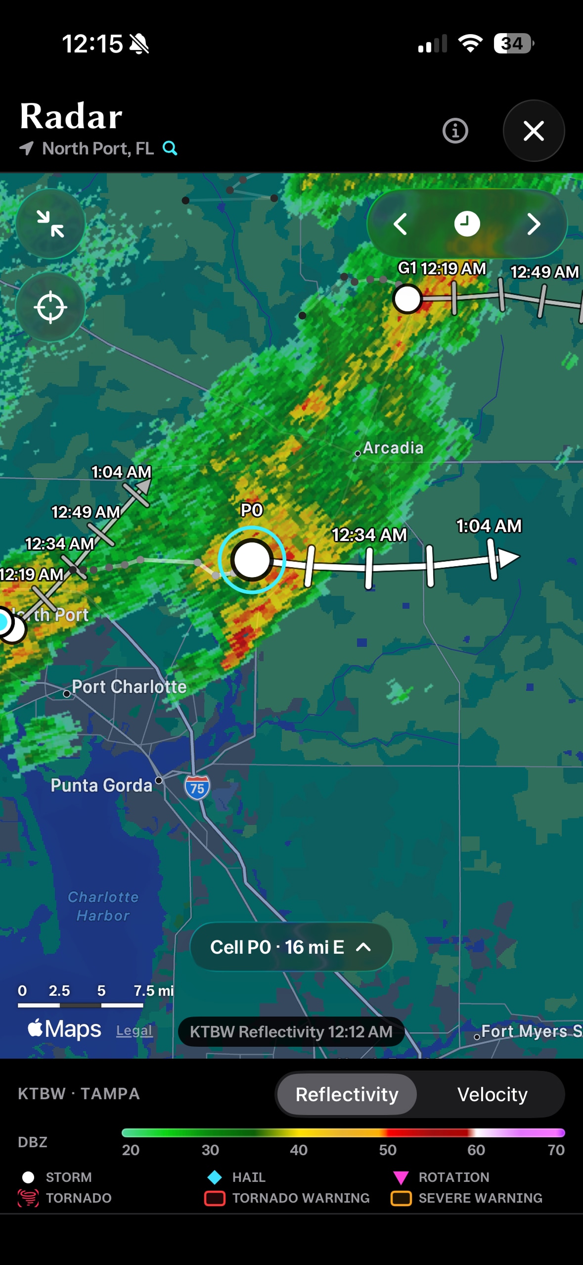 Radar view with storm cells and their tracks